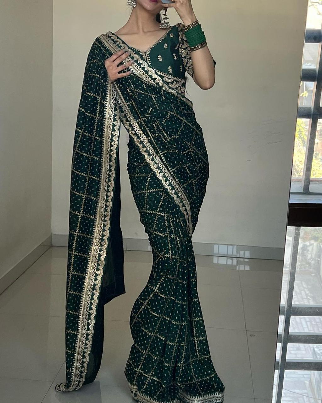 Opulent Green Color Embroidery work Saree