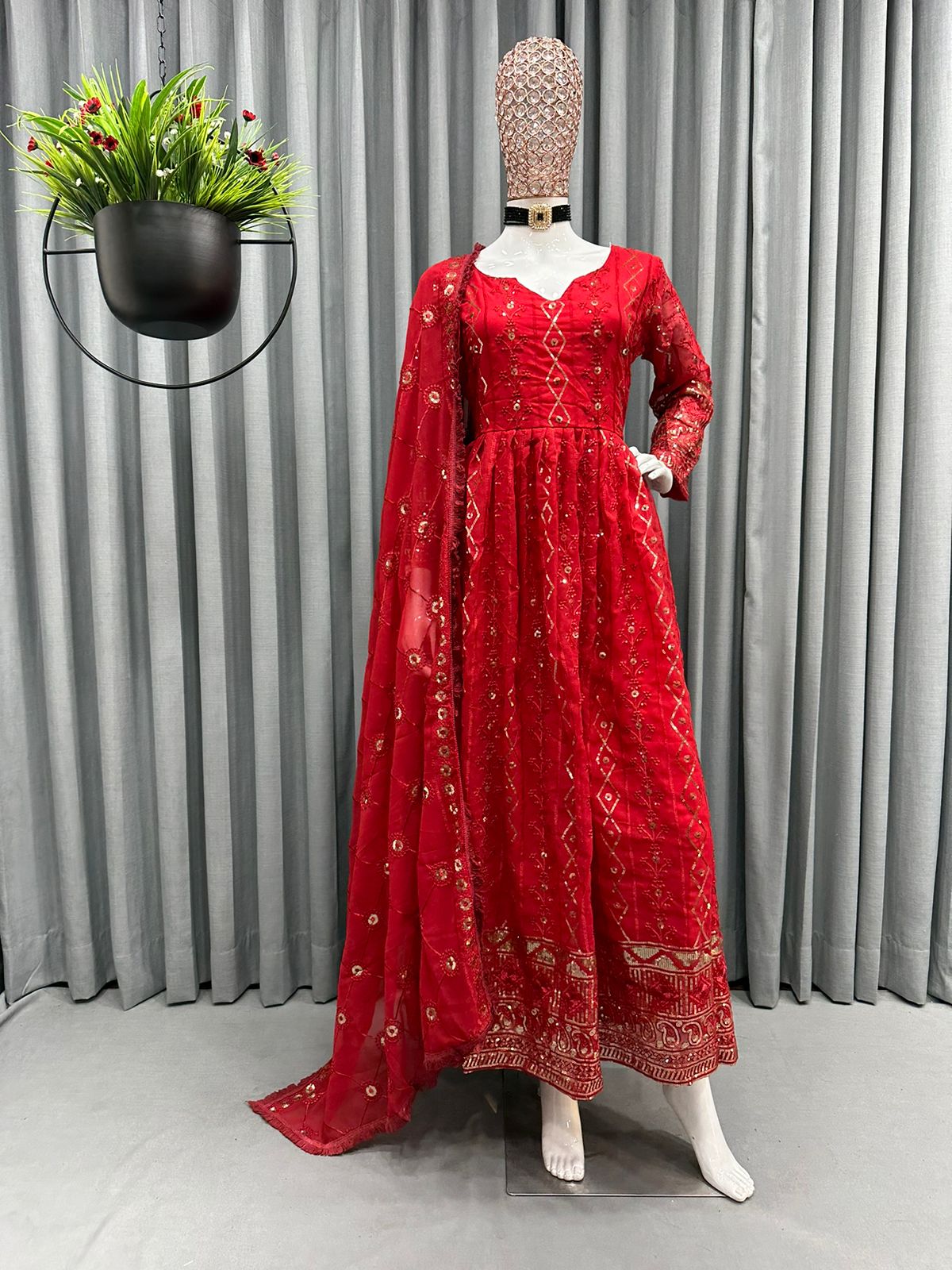 Stylish Red Color Sequence Work Party Wear Gown