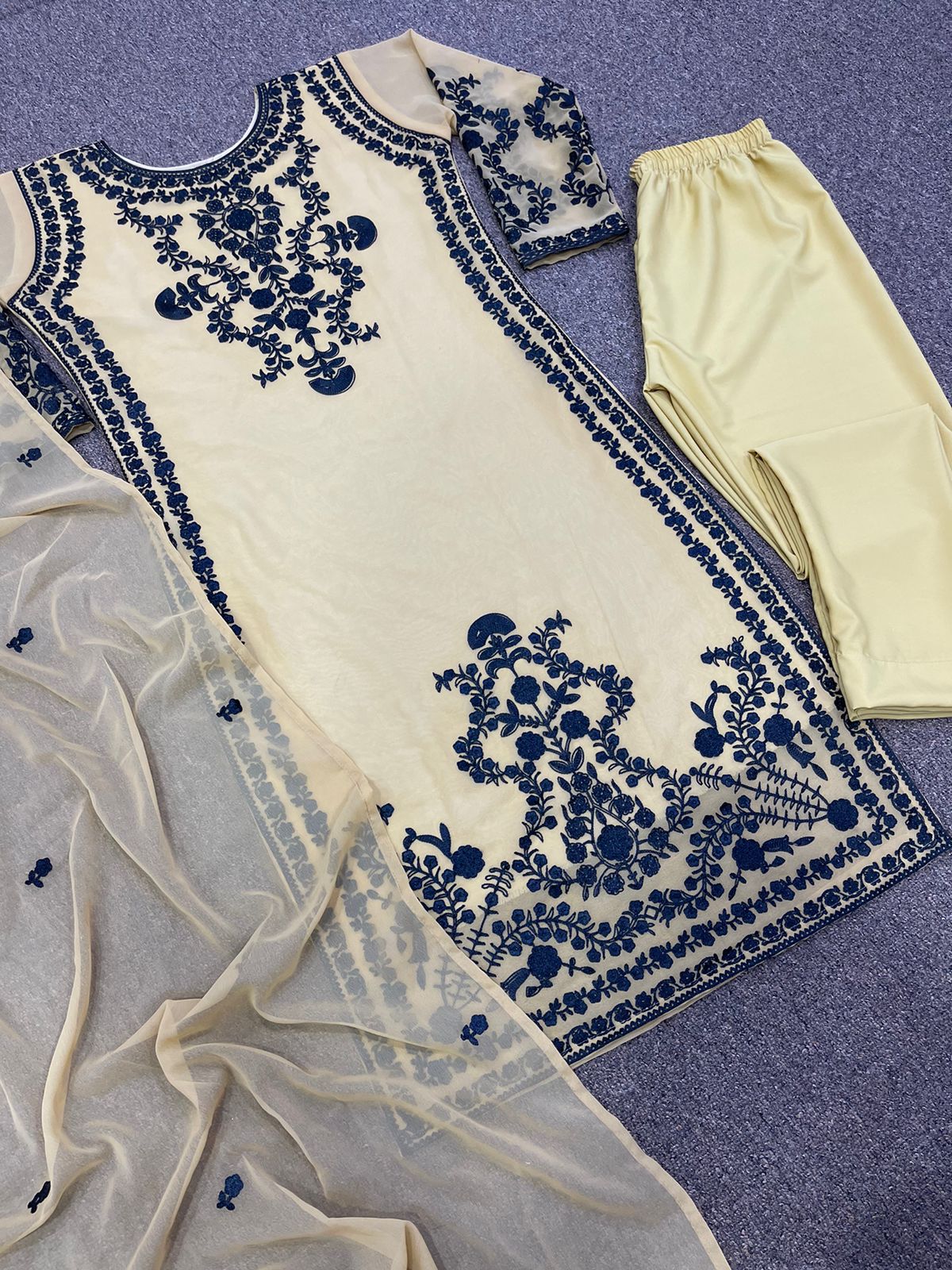 Festive Wear Cream Color Embroidery Work Salwar Suit