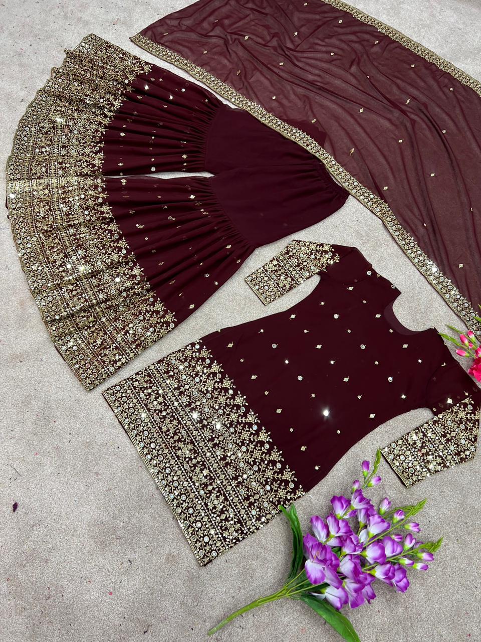 Superhit Wine Color Embroidery And Sequence Work Sharara Suit