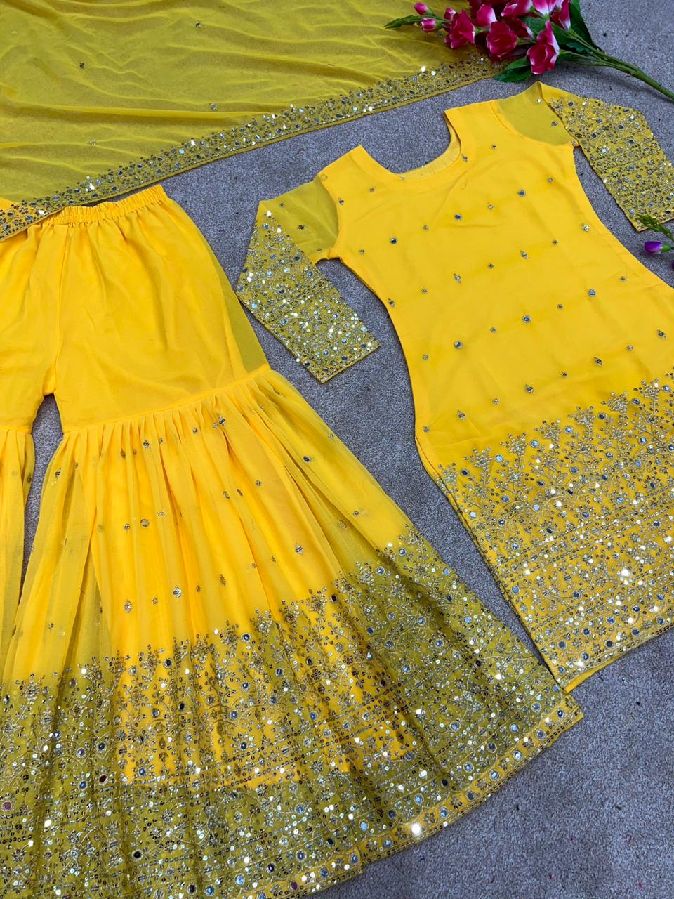 Delicate Yellow Color Embroidery And Sequence Work Sharara Suit