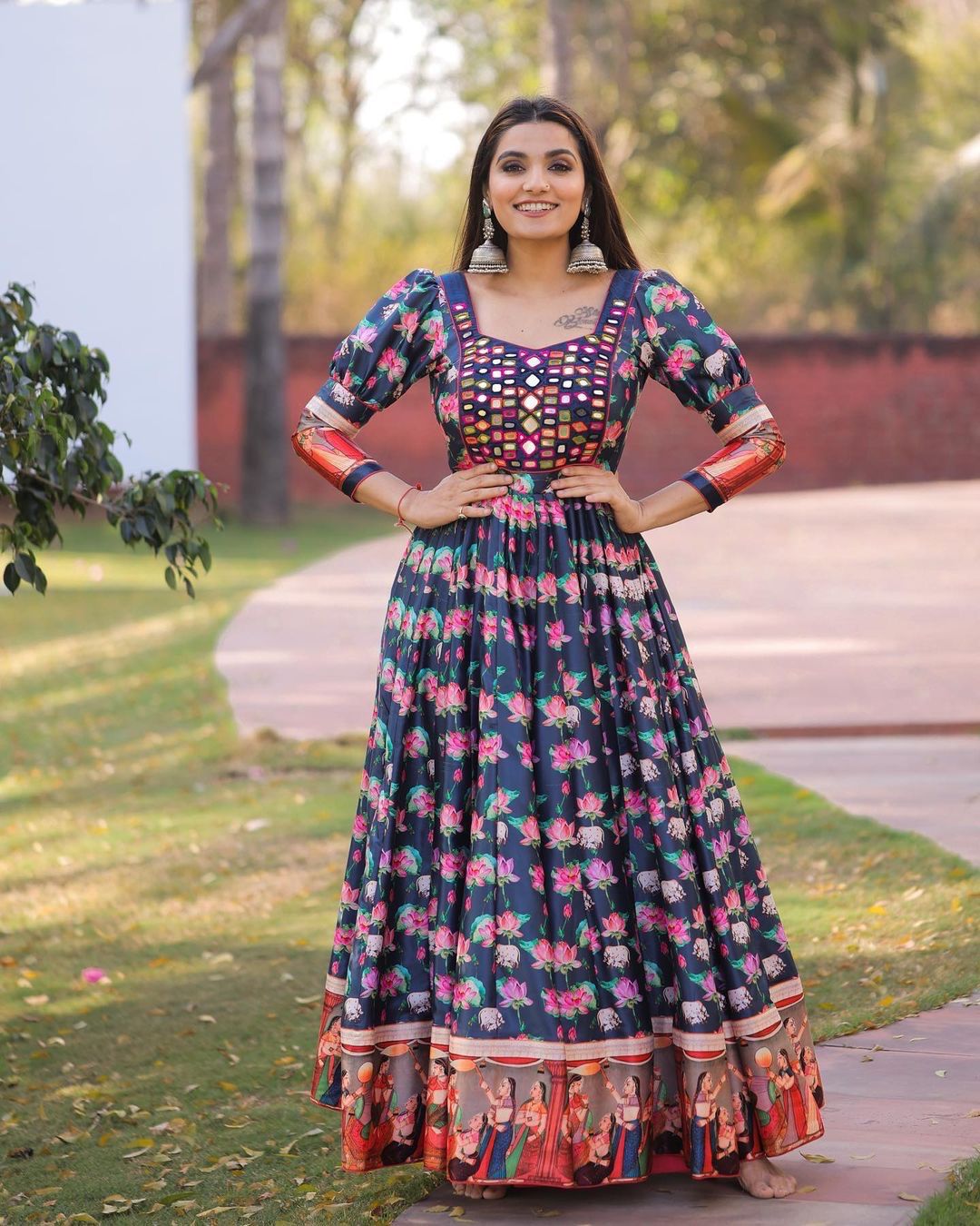 Attractive Navy Blue Color Digital Print Gown
