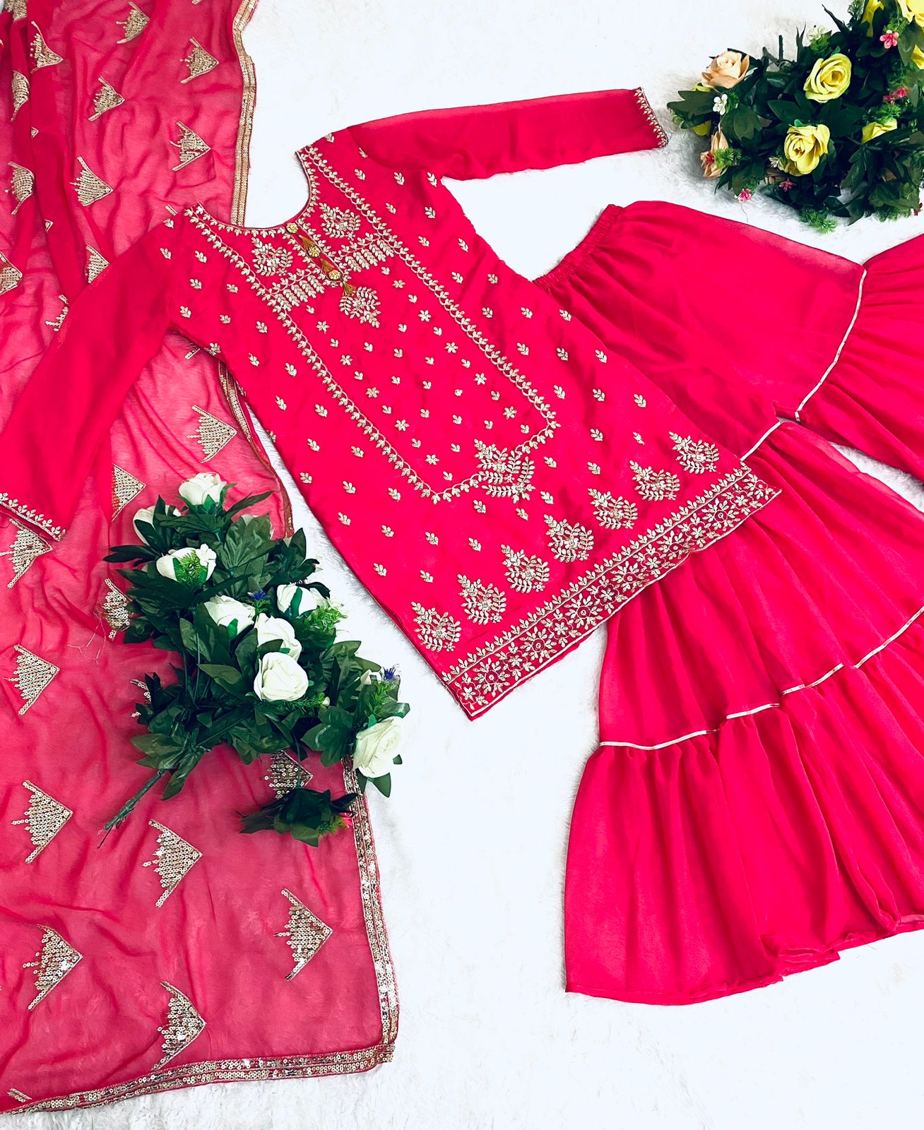Graceful Outfit Pink Color Sequence And Embroidery Work Sharara Suit
