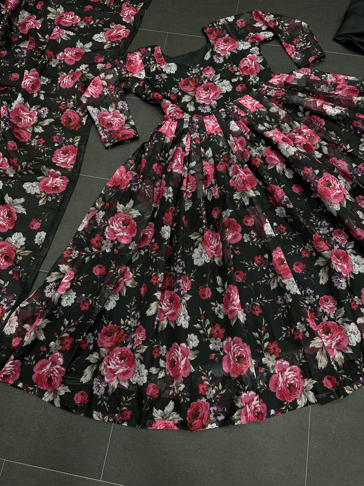 Lovely Black Color Flower Print gown