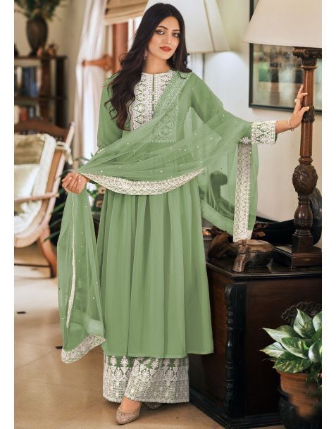 Gorgeous Pista Color Thread Work Anarkali Top With Palazzo