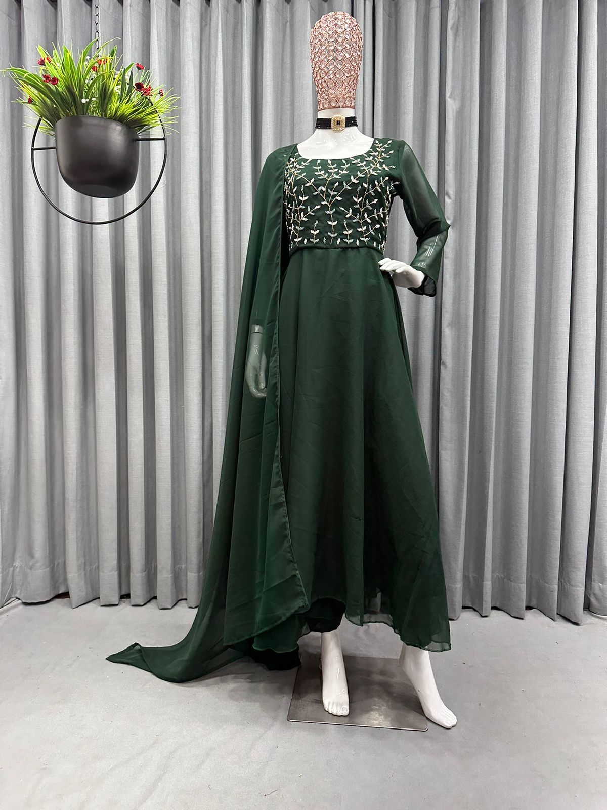 Fascinating Green Color Hand Work Anarkali Gown