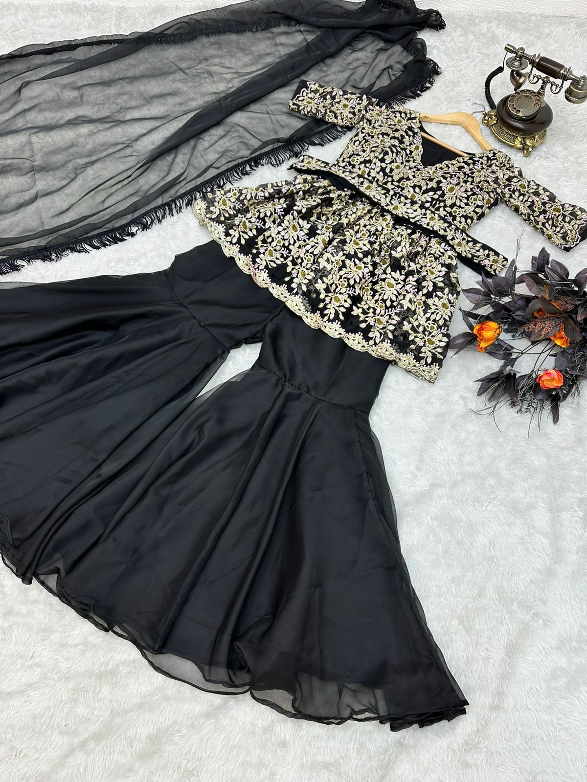 Designer Black Color Embroidery Sequence Work Sharara Suit