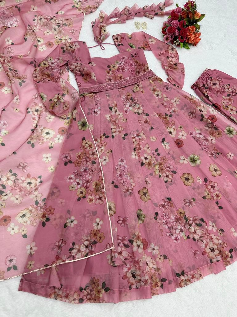Occasion wear Dusty Pink Color Digital Print Anarkali Gown