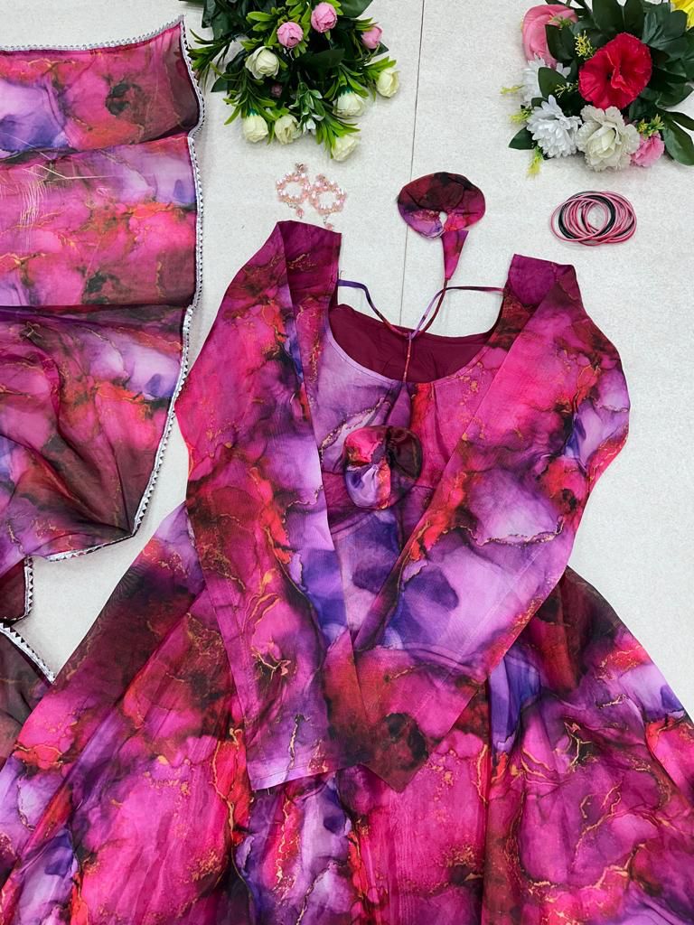 Fascinating Dark Pink With Purple Printed Gown