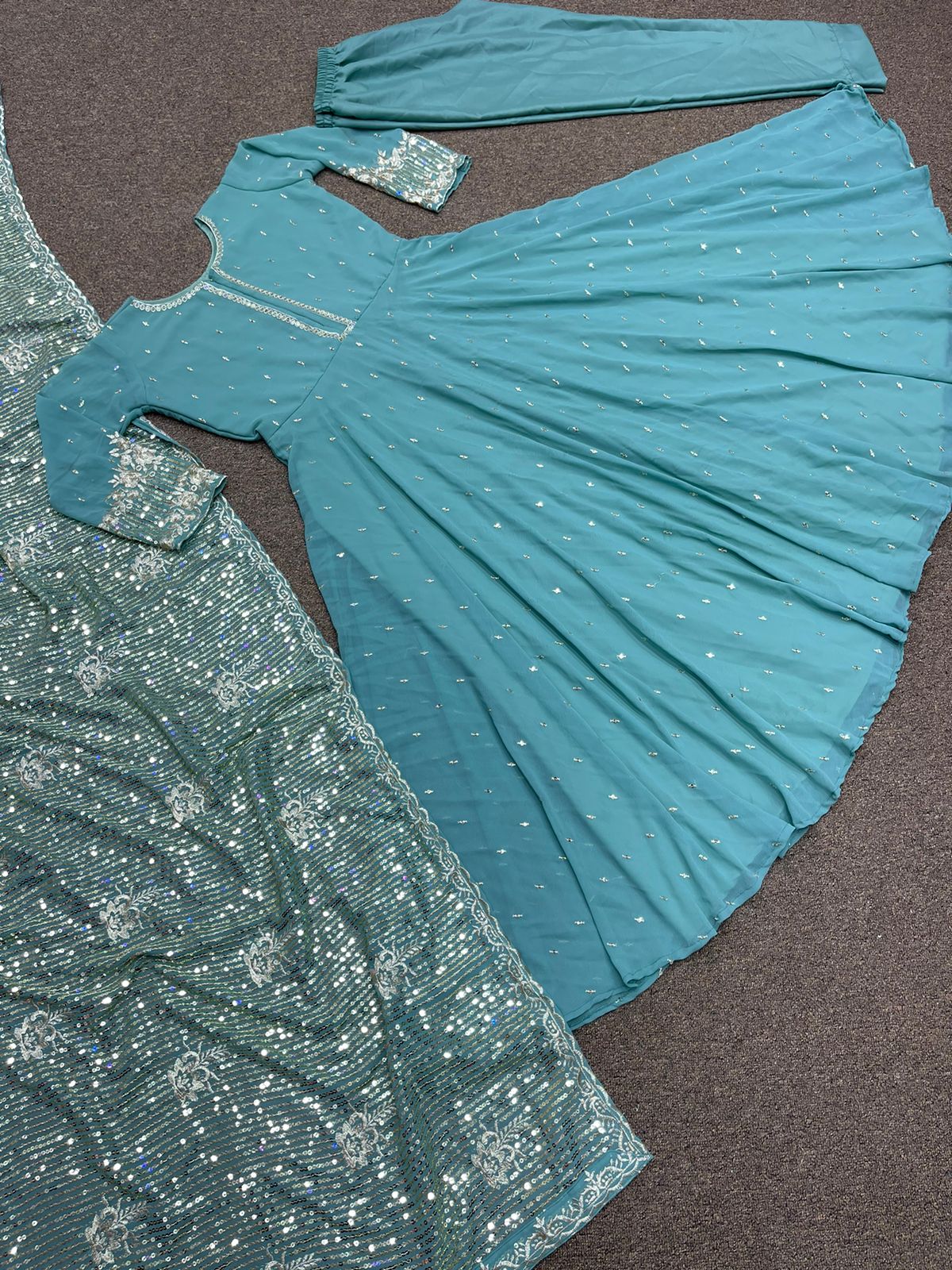 Marvelous Aqua Blue Color Sequence Work Gown
