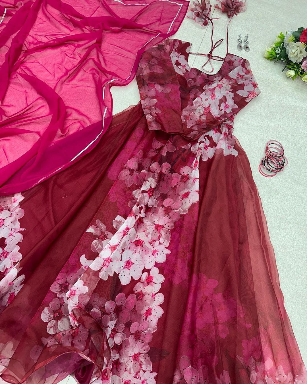 Amazing Digital Printed Organza Silk Pink Color Gown