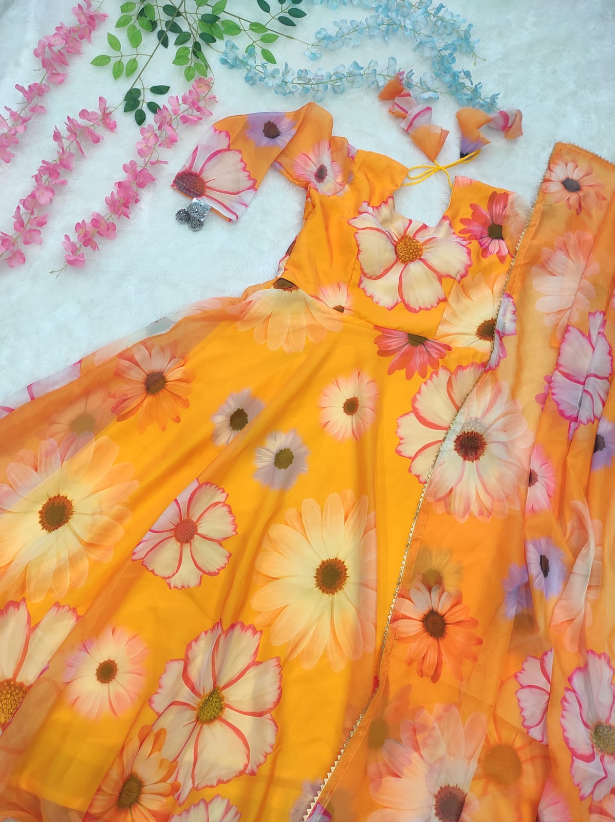 Digital Print Party Wear Yellow Color Gown