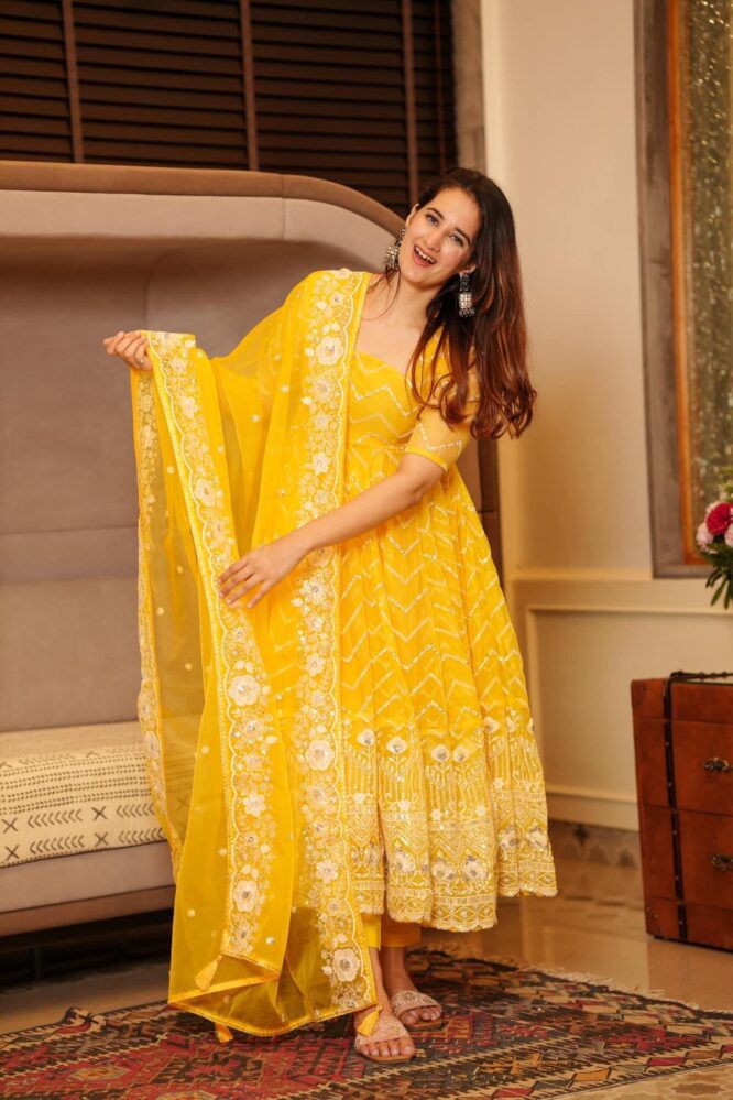 Pretty Thread & Sequence Work Yellow Color Gown