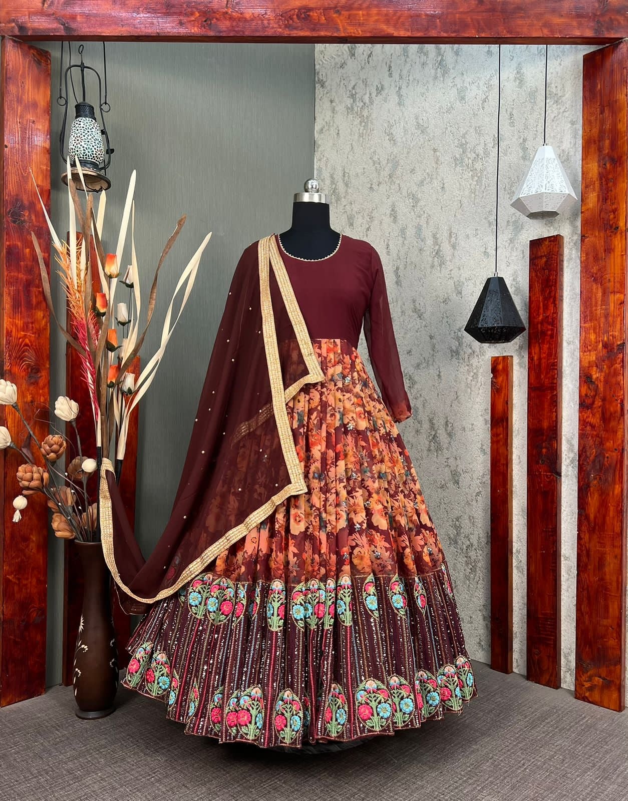 Attractive Maroon Color Sequence With Embroidered Work Anarkali Gown