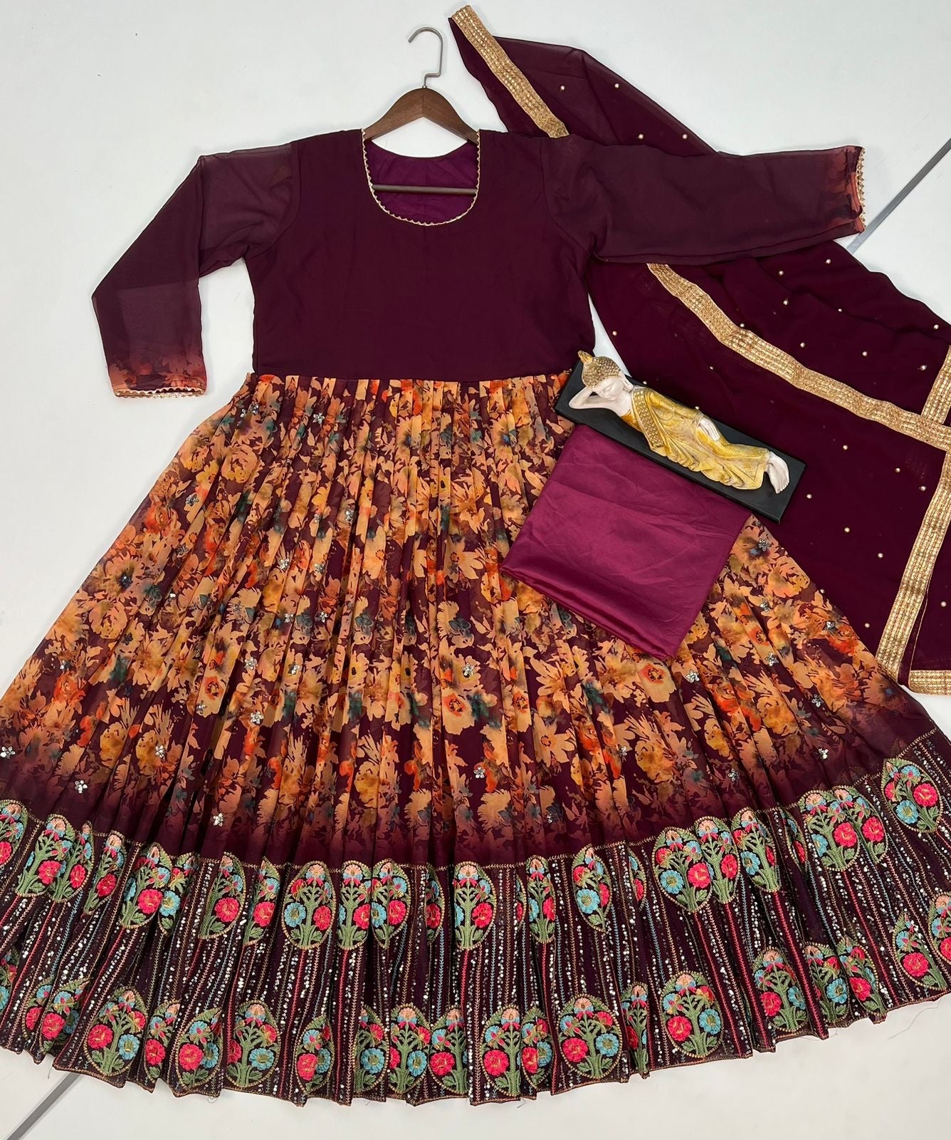 Attractive Wine Color Sequence With Embroidered Work Anarkali Gown