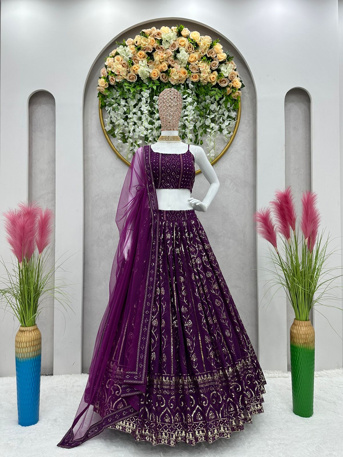Party Wear Purple Color Thread With Sequence Work Lehenga Choli