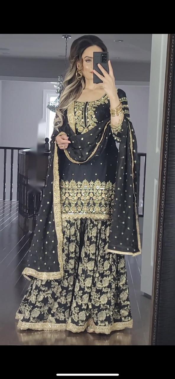 Superhit Black Color Embroidery With Sequence Work Sharara Suit