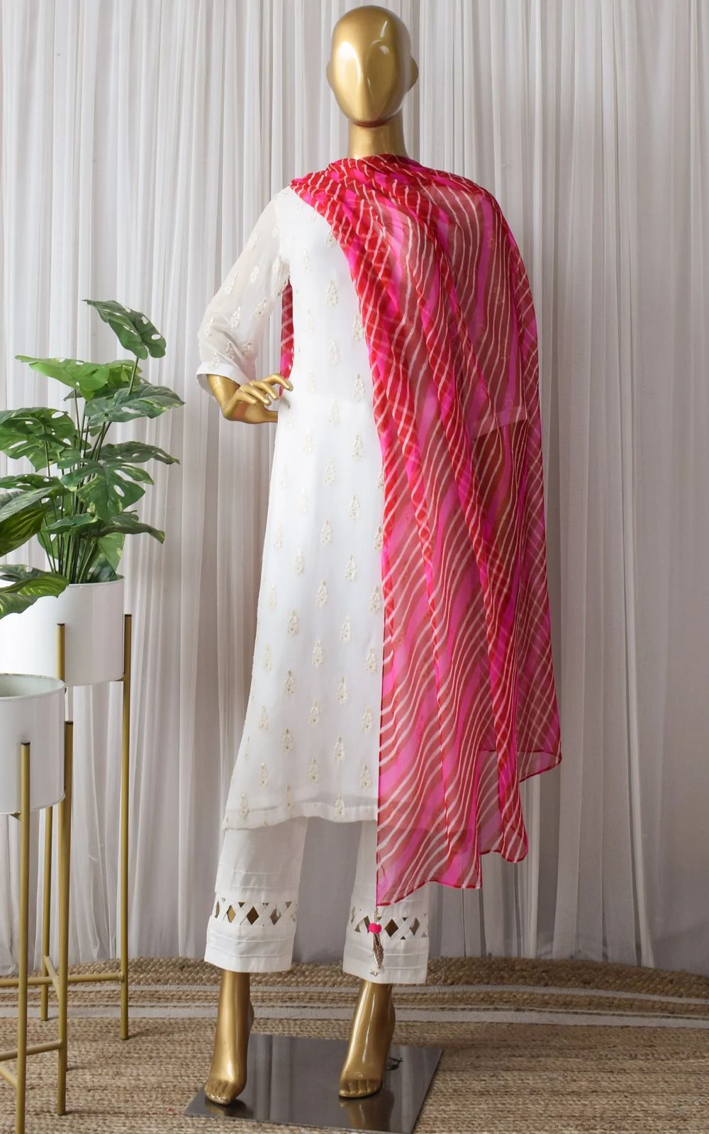 Attractive Thread Work White Color Suit With Red Dupatta