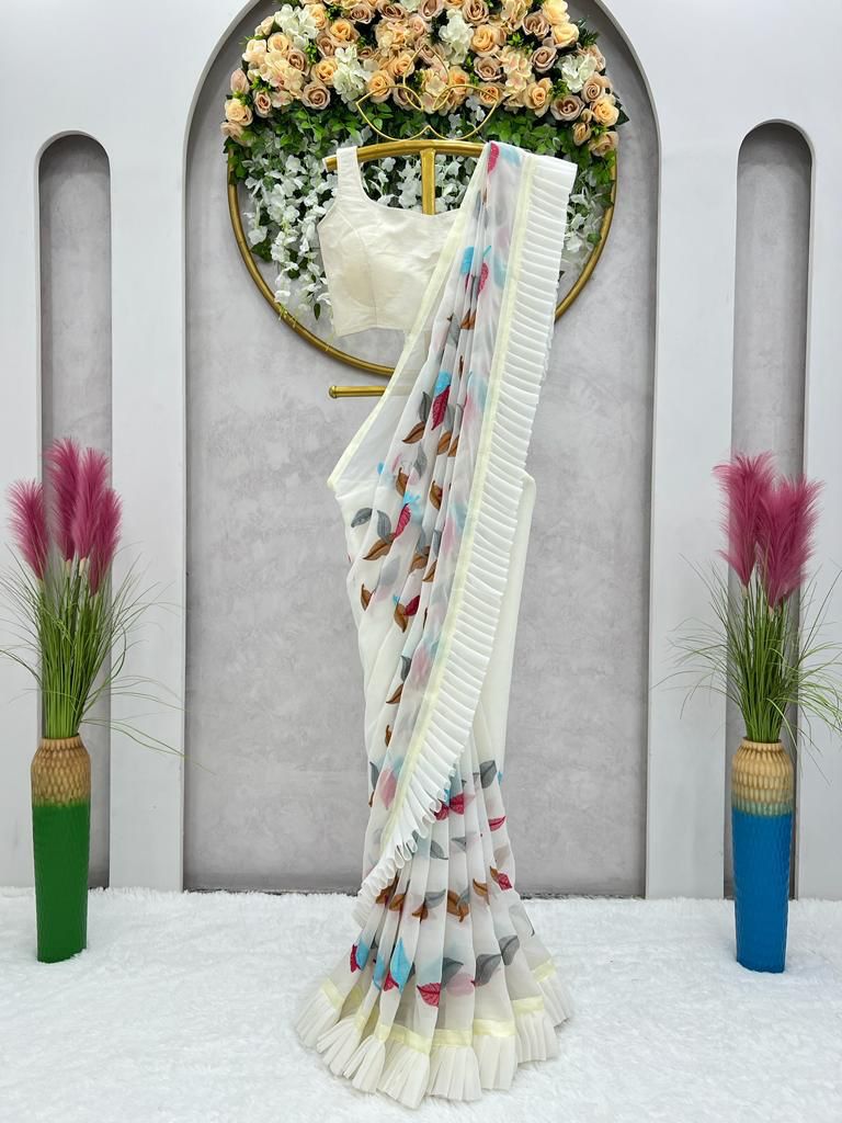 Gorgeous Ruffle Style White Color Thread And Hot Fix Work Saree