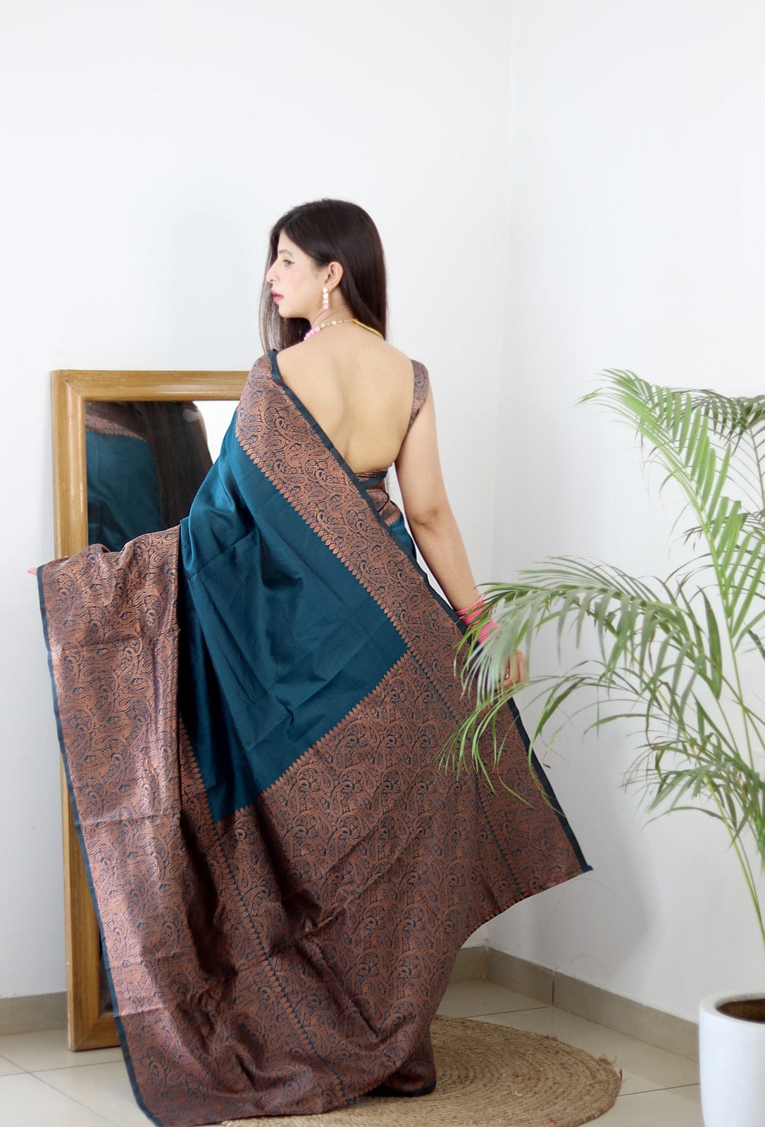 Stunning Teal Blue Color Banarasi Silk Saree