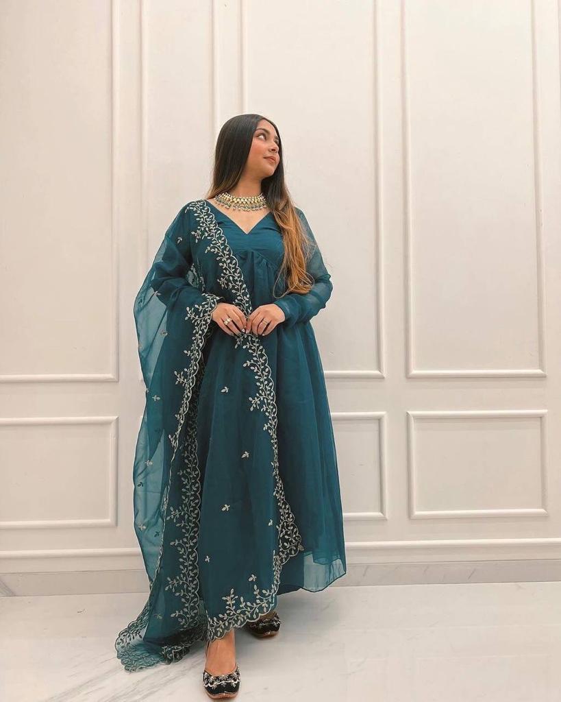 Fancy Teal Blue Color Organza Silk Anarkali Gown