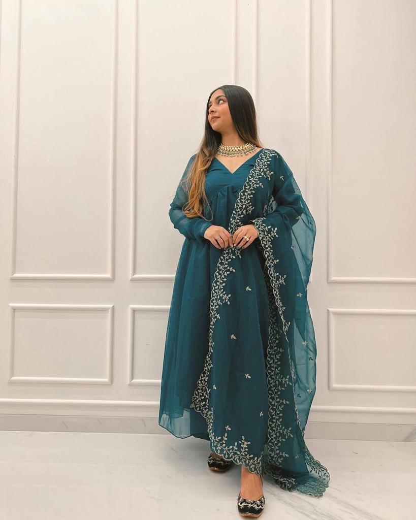 Fancy Teal Blue Color Organza Silk Anarkali Gown