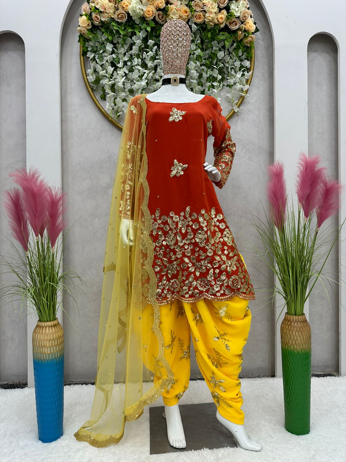 Beautiful Yellow With Red Color Sequence Work Punjabi Suit