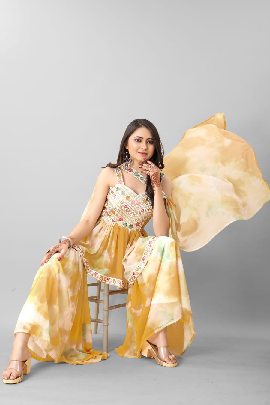 Adorable Embroidered Work Tie Dye Mustard Sharara Suit