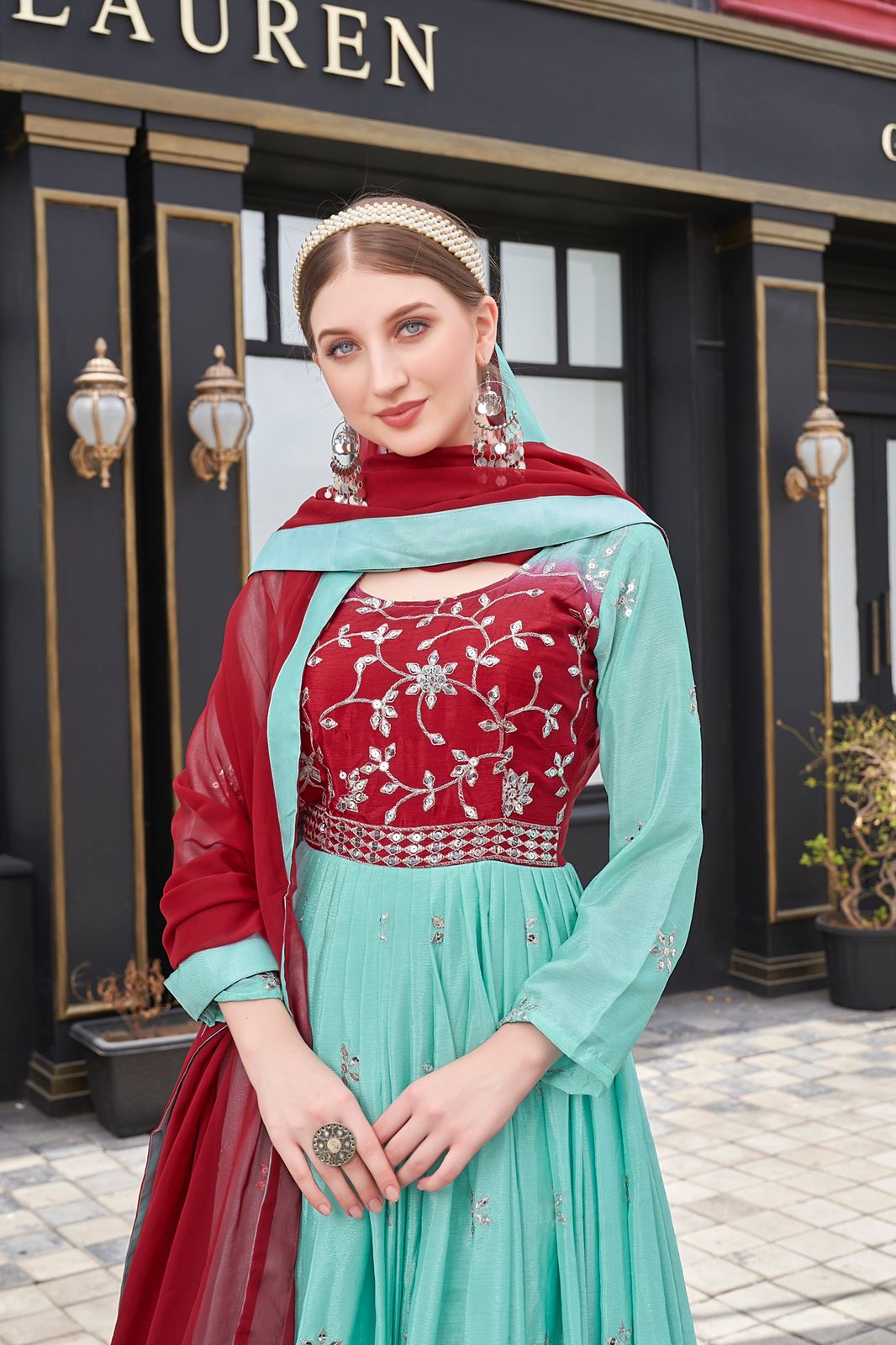 Aqua And Red Color Sequence Work Designer Gown