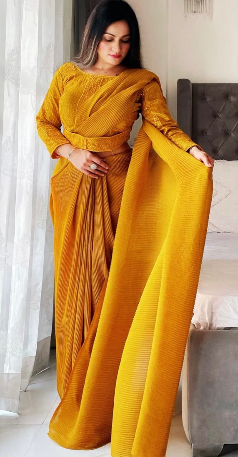 Mustard Color Plated Saree And Attached Belt Blouse