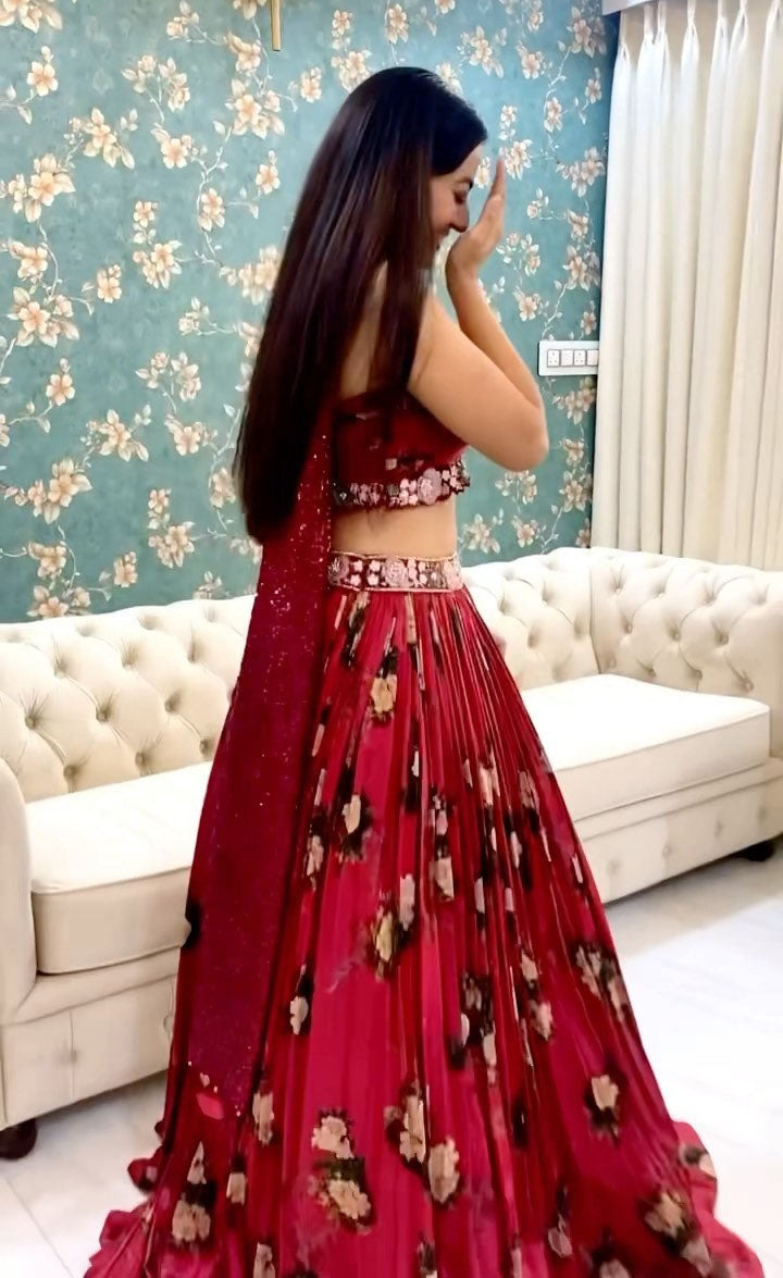 Celebrity Style Red Color Plated Fancy Lehenga Choli