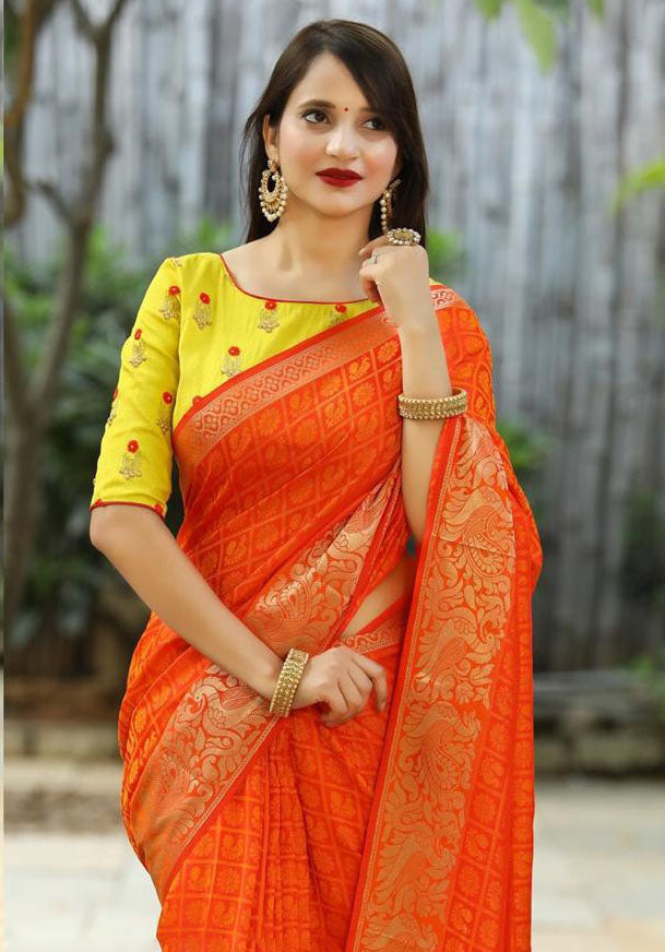 Stylish Orange Color Soft Banarasi Silk Saree With Yellow Blouse