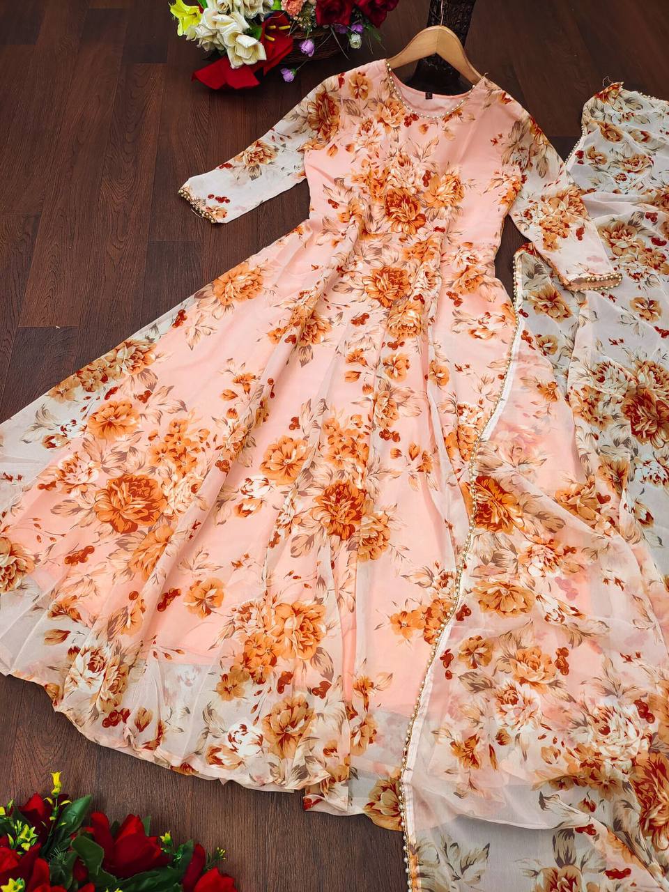 Glittering Flower Print Peach Color Gown