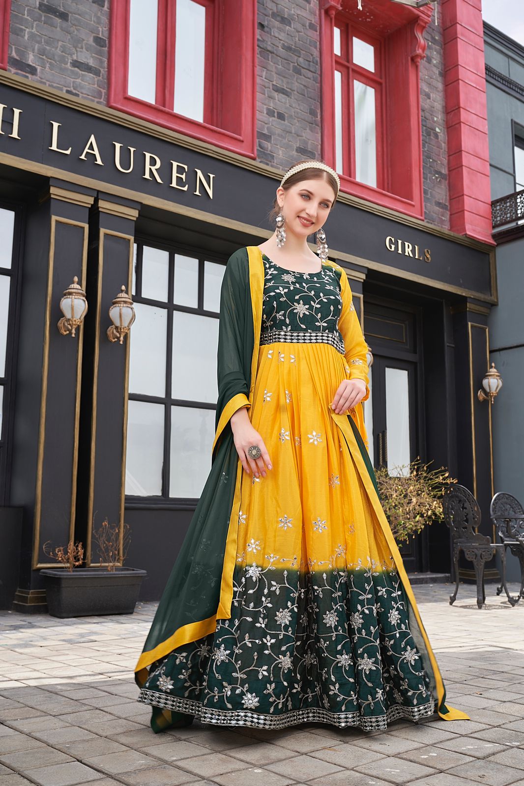 Mustard And Green Color Sequence Work Designer Gown