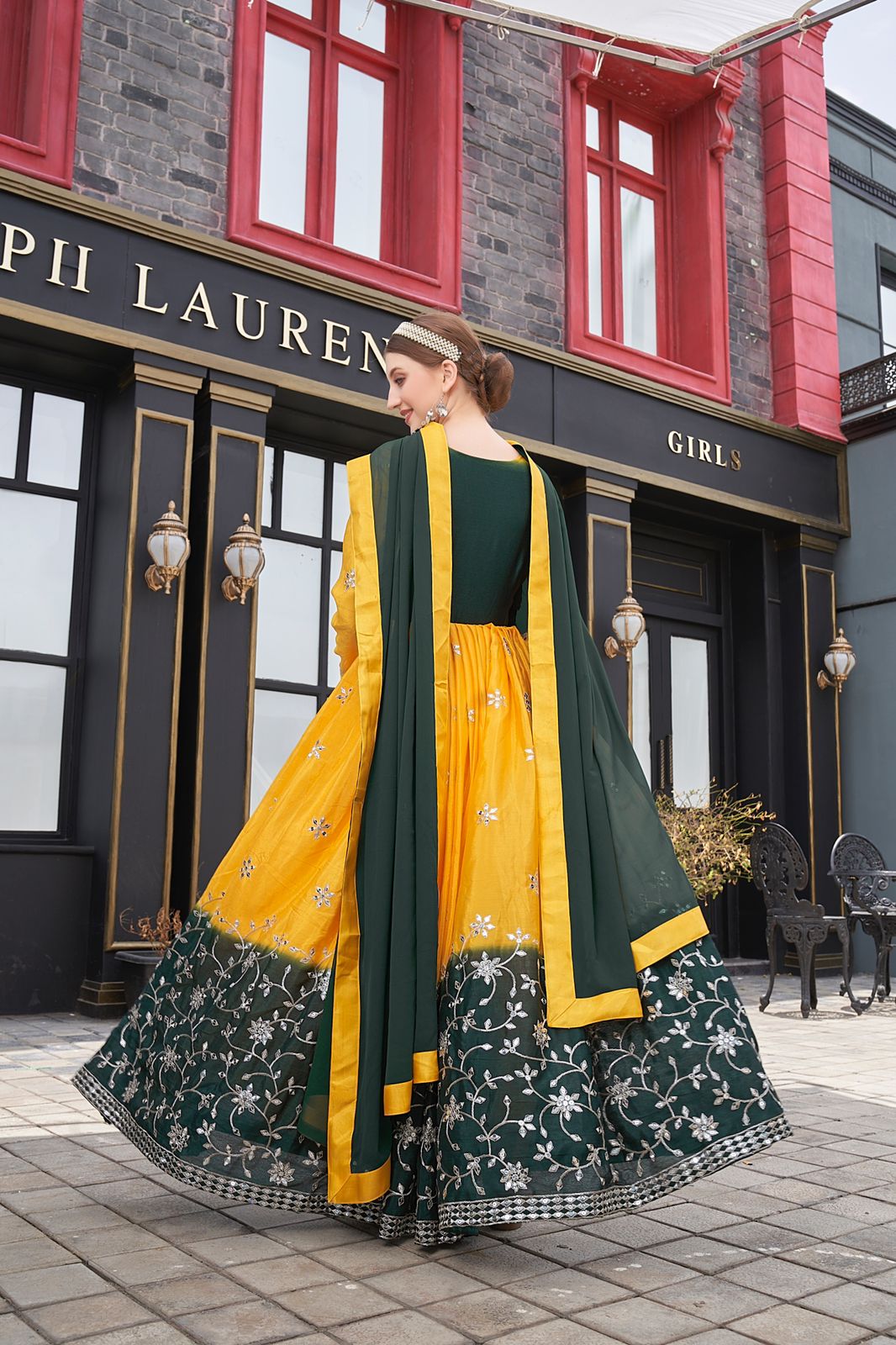 Mustard And Green Color Sequence Work Designer Gown