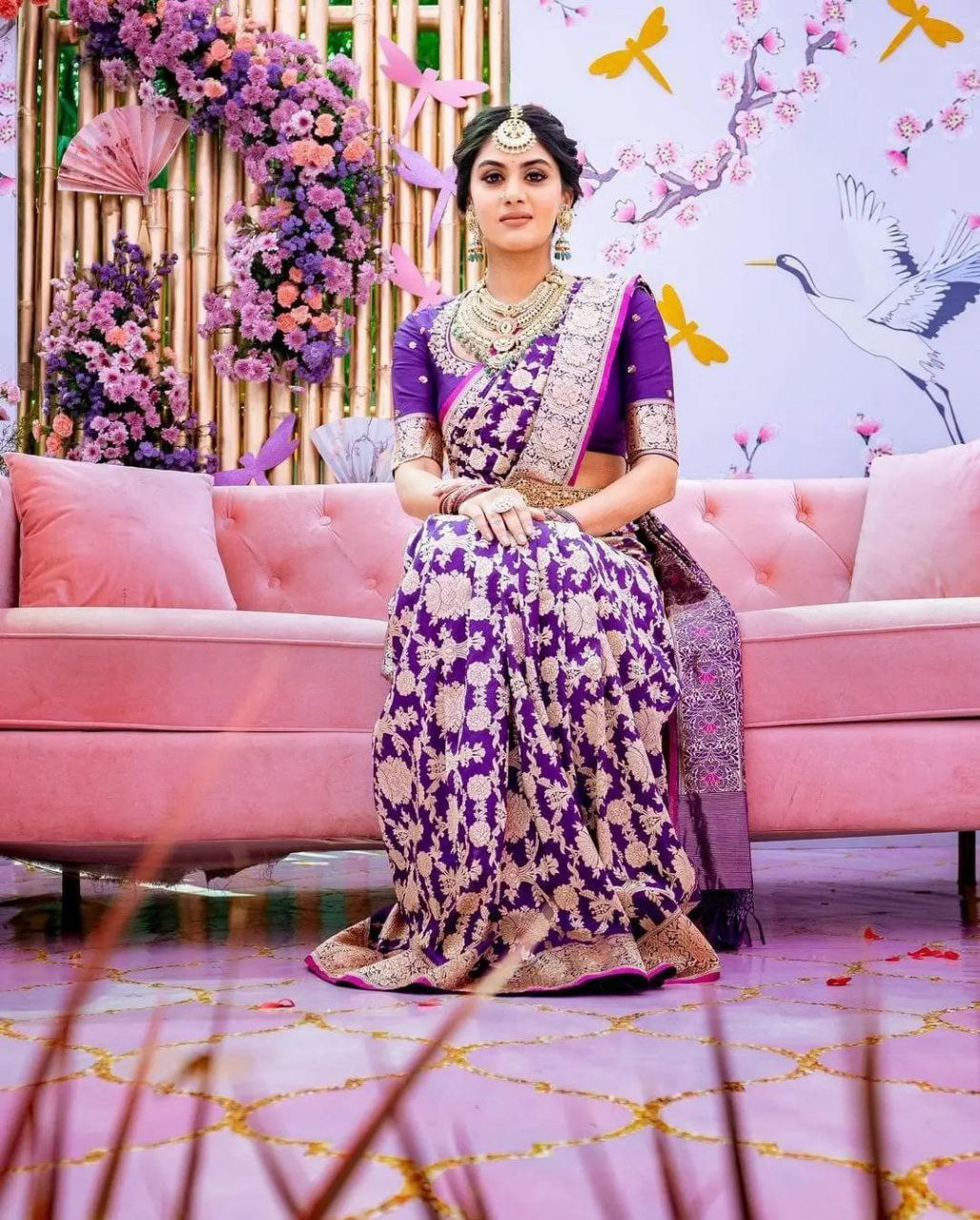 Gorgeous Purple Color Golden Work Lichi Silk Saree