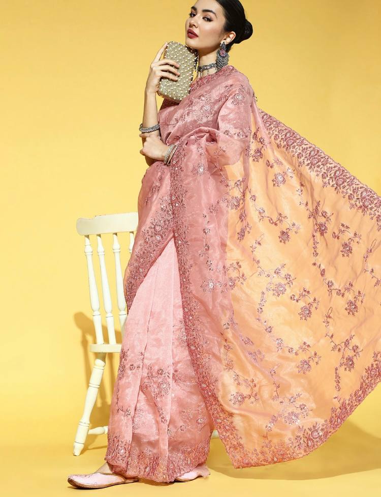 Innovative Light Pink Color Stylish Embroidery & Sequence Work Saree