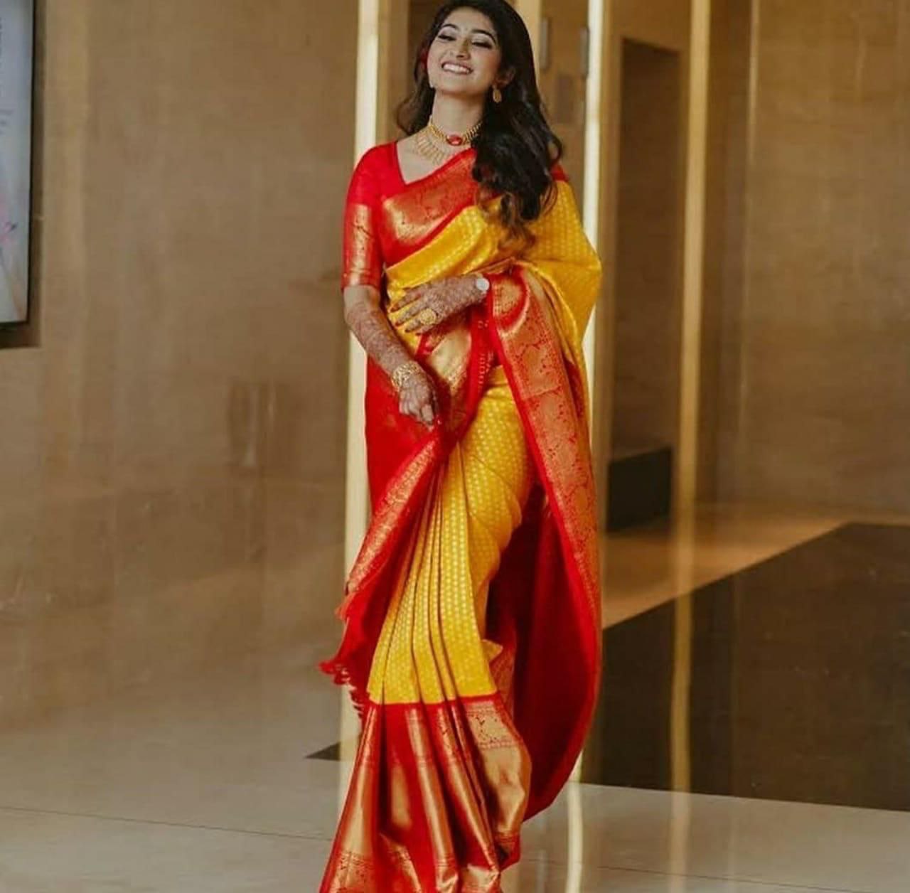 Stunning Yellow With Red Color Soft Lichi Silk Saree