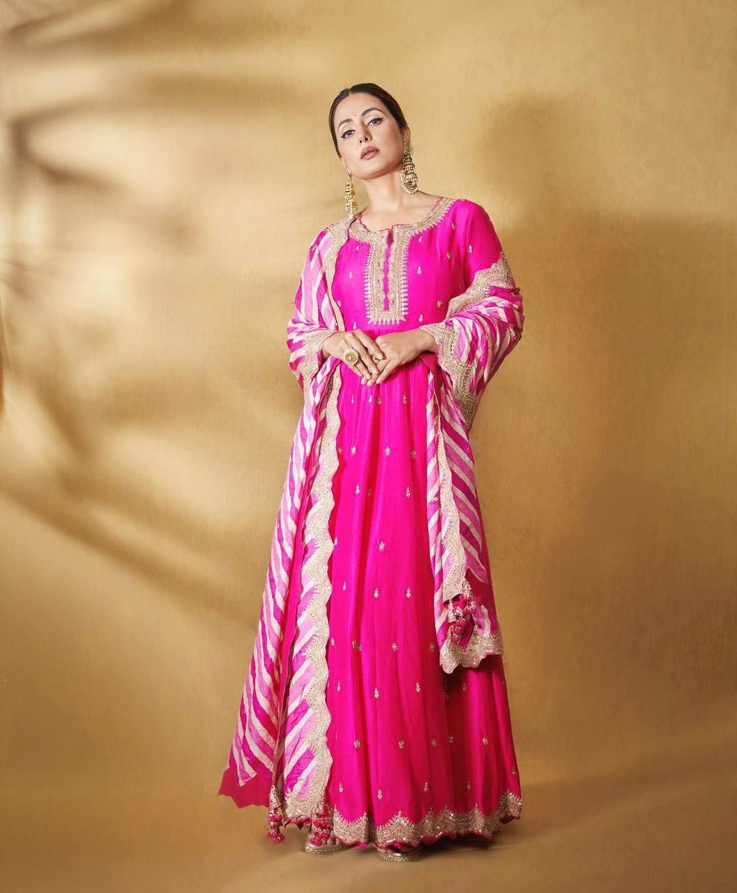 Hina Khan Wear Pink Color Embroidery Work Gown