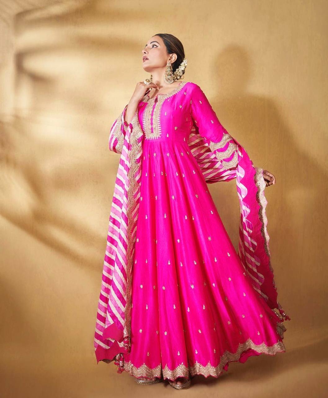 Hina Khan Wear Pink Color Embroidery Work Gown