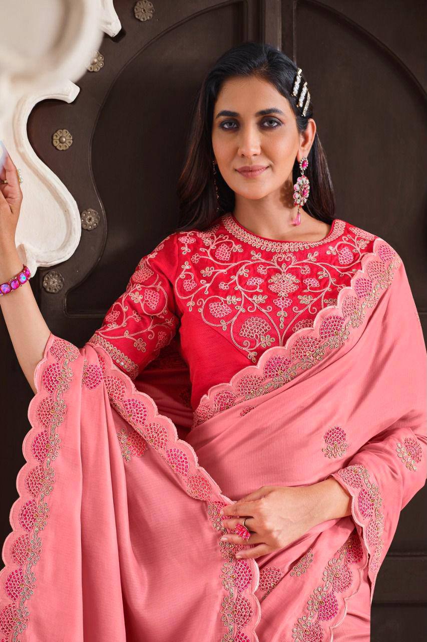 Captivating Peach Color Embroidered Work Saree