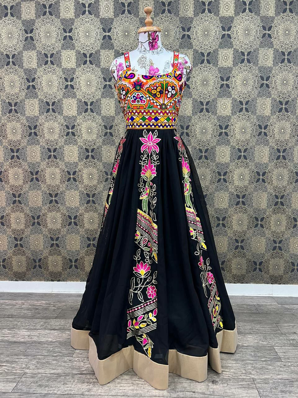 Trendy Black Embroidery Work Traditional Gown