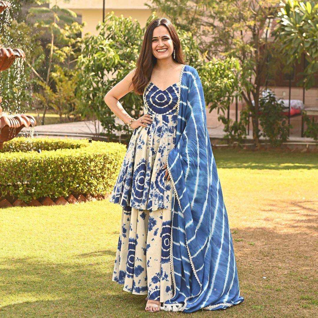 Gorgeous Printed Blue And White Color Plazzo Suit