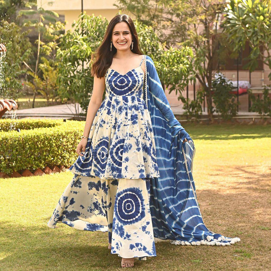 Gorgeous Printed Blue And White Color Plazzo Suit