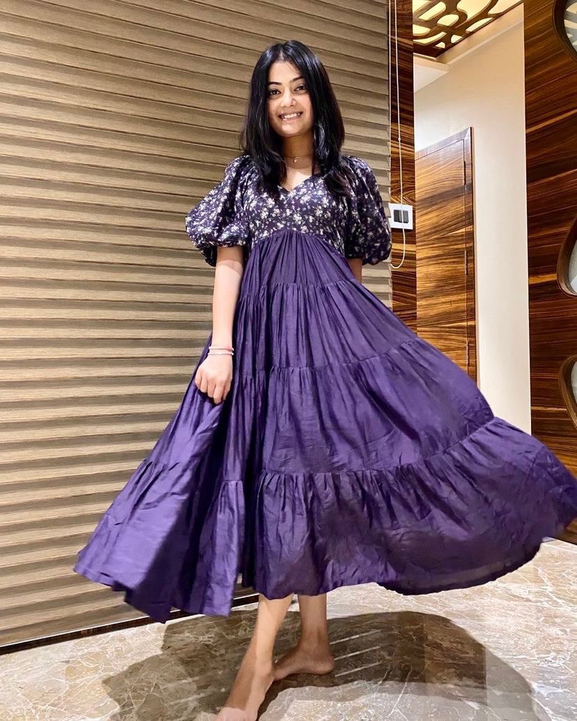 Ruffle Style Purple Color Embroidery Work Dress