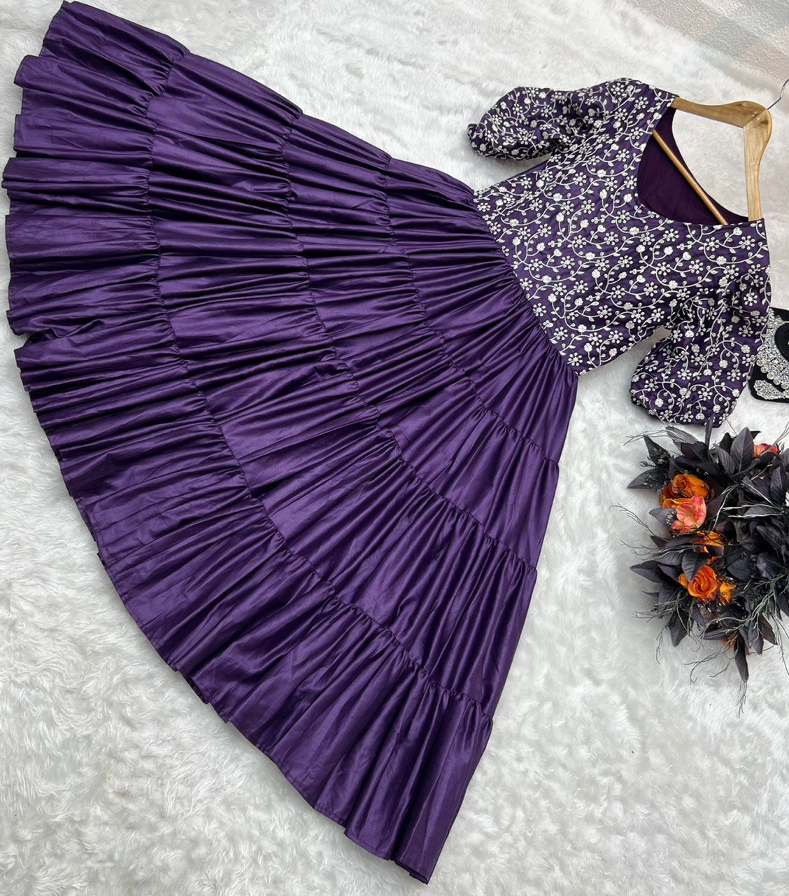 Ruffle Style Purple Color Embroidery Work Dress