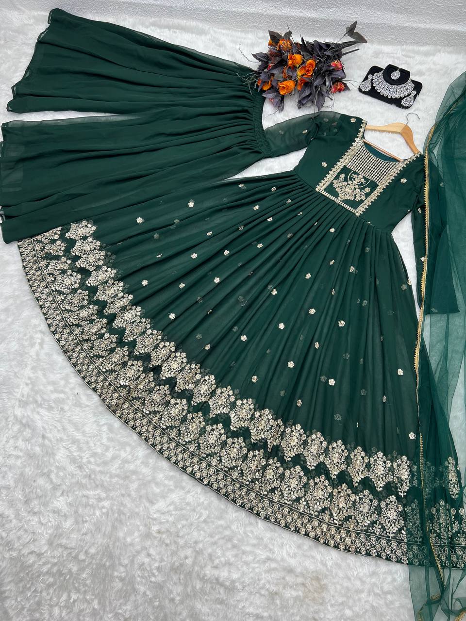 Dark Green Color Embroidery Sequence Work Plazzo Suit