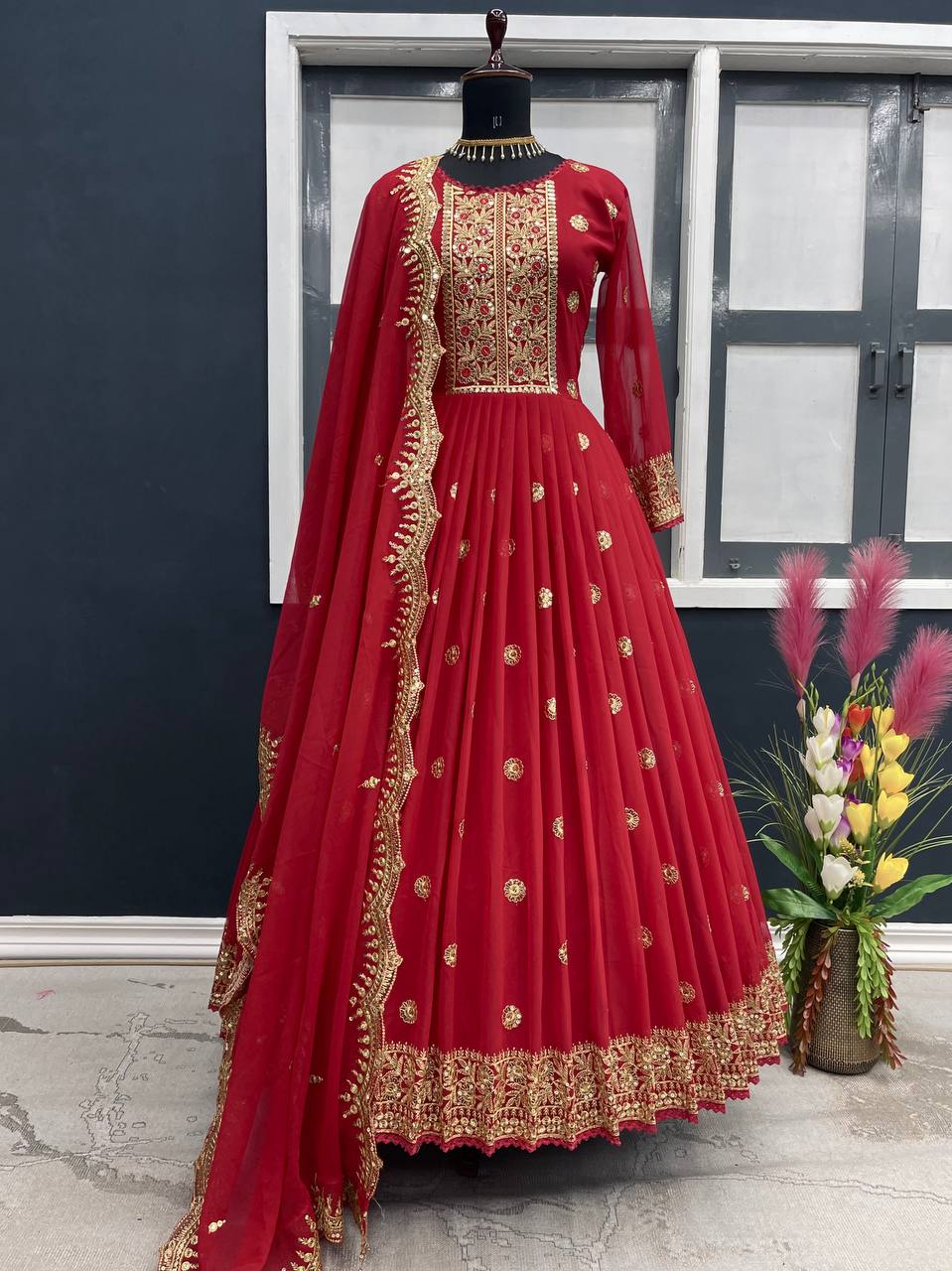 Wonderful Red Color Embroidery Work Party Wear Gown