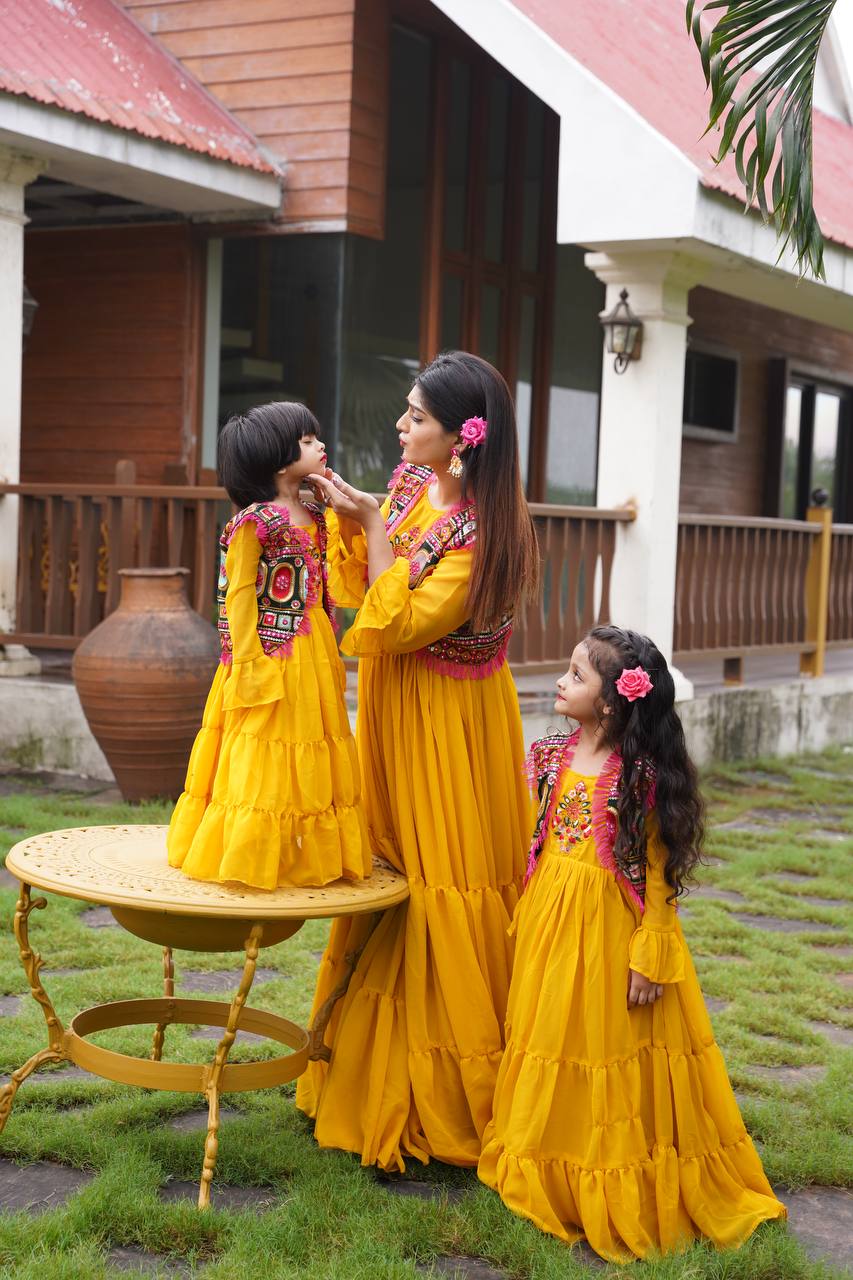 Yellow Color Embroidery Ruffle Kids Gown With Koti