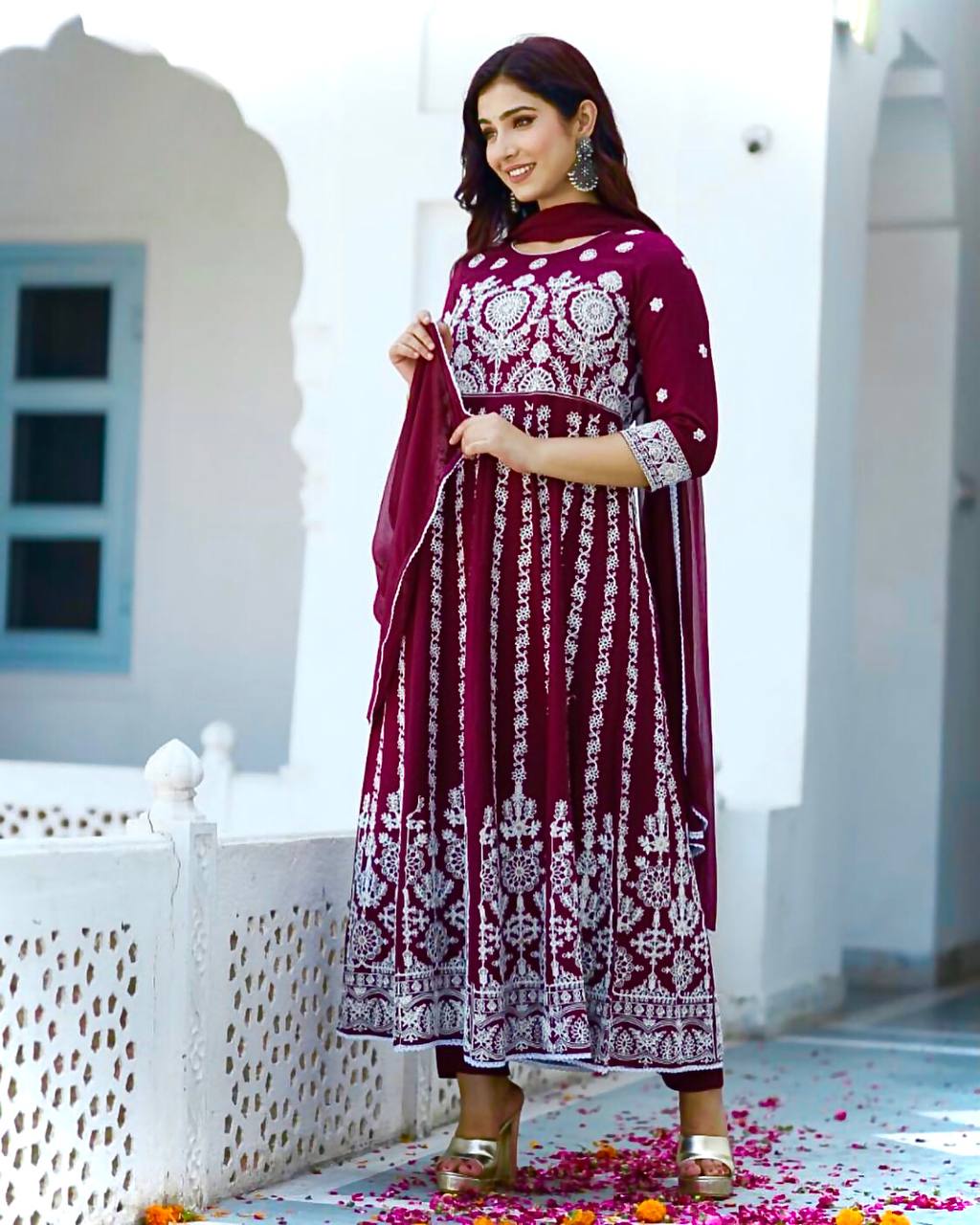 Marvelous Wine Color Embroidery Work Gown